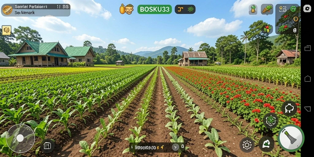 Screenshot gameplay menunjukkan petani di kebun yang subur.