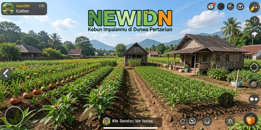 Tampilan gameplay menarik dari NEWIDN dengan kebun yang subur.