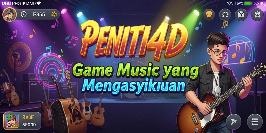 Screenshot gameplay PENITI4D menampilkan antarmuka yang penuh warna dan lagu-lagu seru.