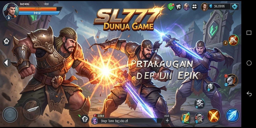 Tampilan gameplay seru dengan karakter bertarung di arena.